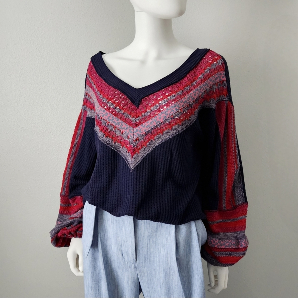 Free People Copenhagen Swit V-Neck Waffle Knit Sweater, Navy, Oversized Small